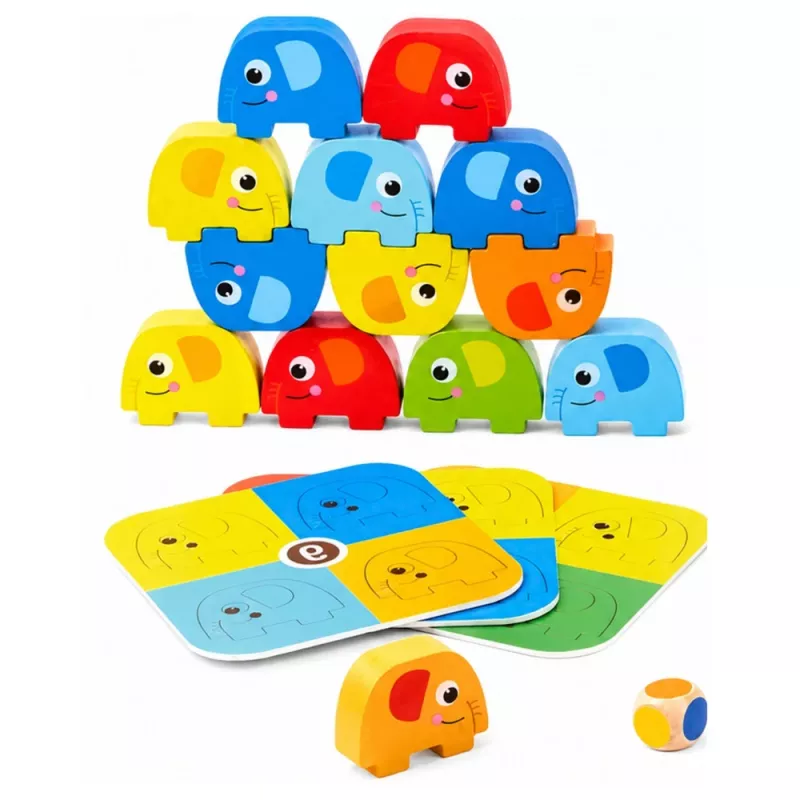 LEAN TOYS Torre de elefantes juego de habilidad elefantes en equilibrio con cartas de colores 46 piezas