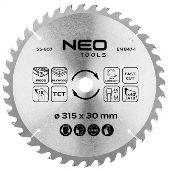 NEO TOOLS Disco de sierra circular TCT 315 mm, 40 dientes, eje 30 mm, corte de madera