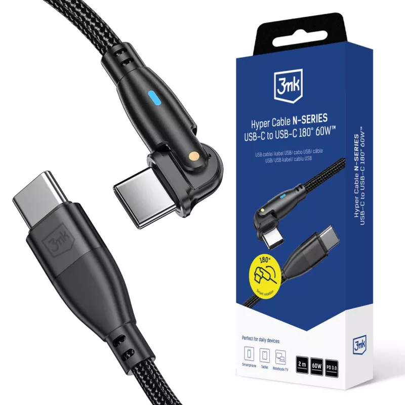 3MK Hyper Cable N-SERIES USB-C a USB-C 2m 20V/3A 60W Negro - Giratorio