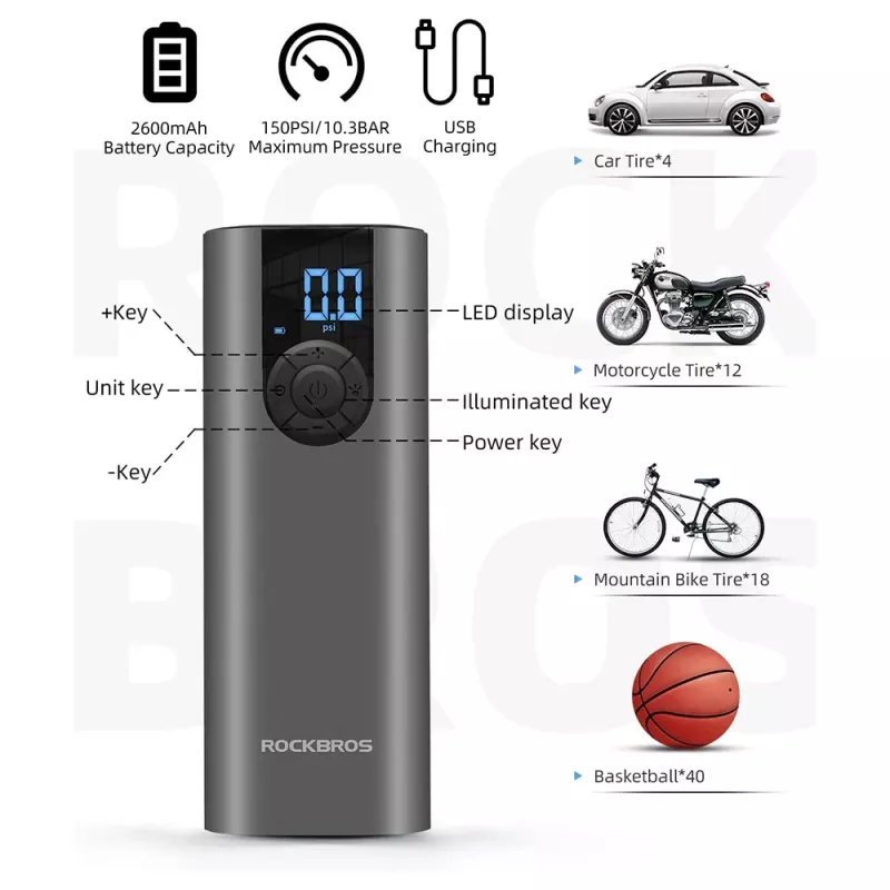 ROCKBROS Bomba eléctrica para bicicleta con pantalla LED, carga USB-C, 150 PSI, Presta/Schrader/Dunlop, Negro