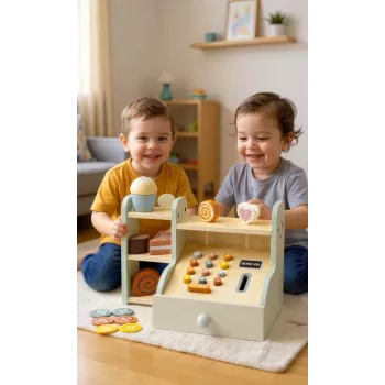 PROMIS Caja registradora de madera para niños – Caja registradora de juego con dinero de juguete, escáner y tarjeta de crédito
