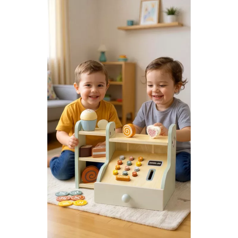 PROMIS Caja registradora de madera para niños – Caja registradora de juego con dinero de juguete, escáner y tarjeta de crédito