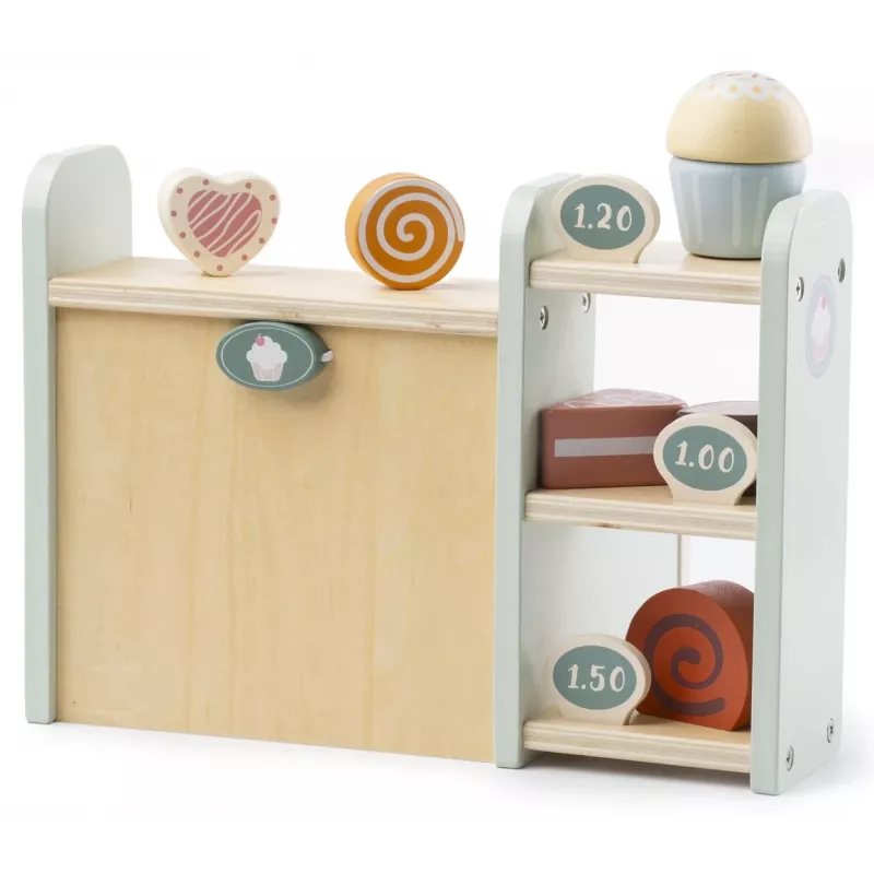 PROMIS Caja registradora de madera para niños – Caja registradora de juego con dinero de juguete, escáner y tarjeta de crédito