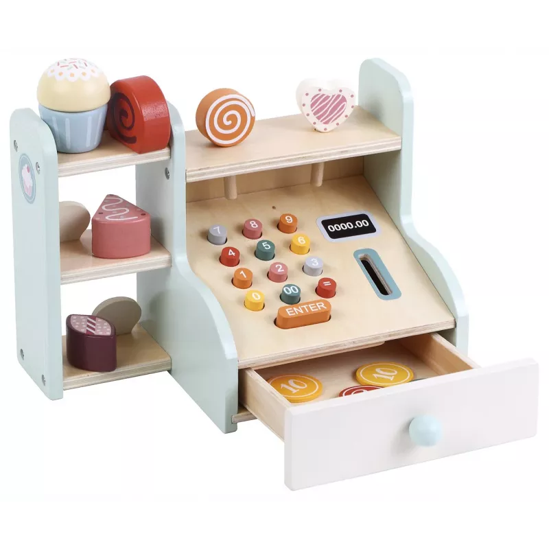 PROMIS Caja registradora de madera para niños – Caja registradora de juego con dinero de juguete, escáner y tarjeta de crédito