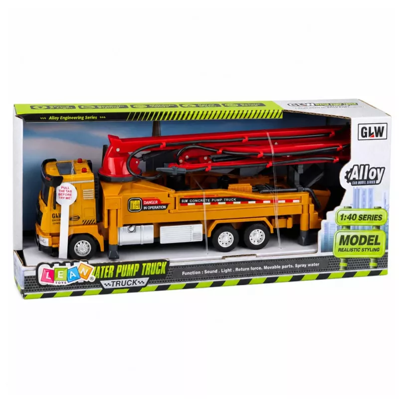 LEAN TOYS Camión hormigonera RC de juguete con luces, sonidos, pulverizador de agua, escala 1:40