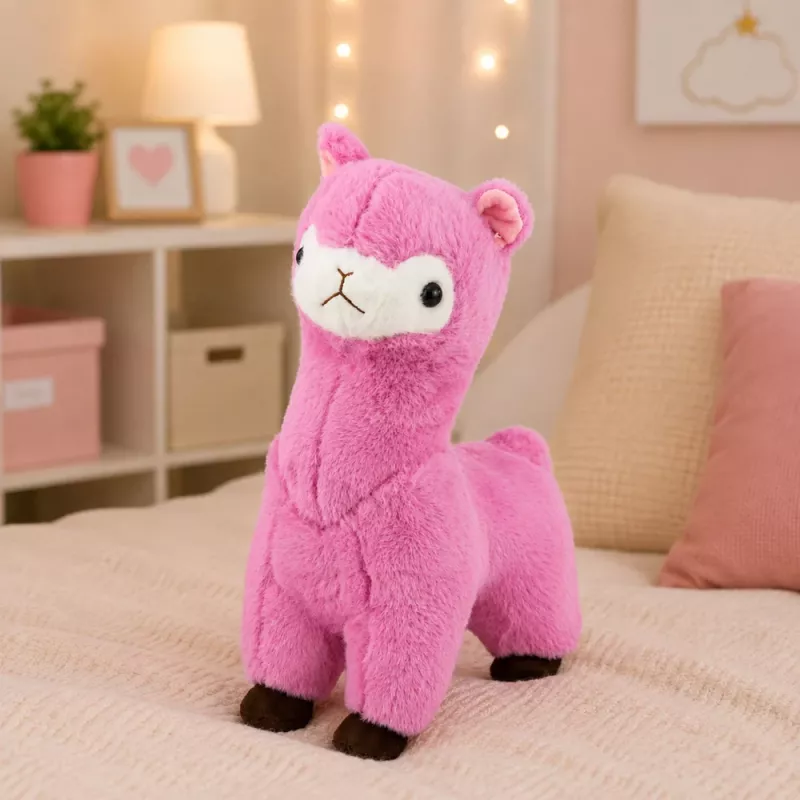 LEAN TOYS Alpaca llama de peluche, peluche suave pelo rosa 38 cm