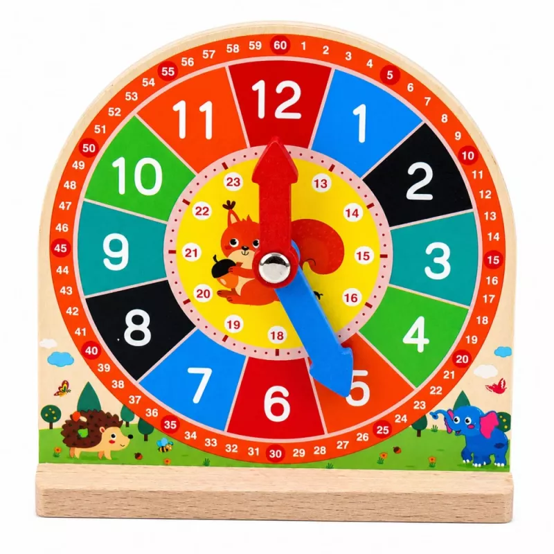 LEAN TOYS Reloj didáctico de madera para aprender la hora con manecillas móviles y tarjetas, 55 piezas