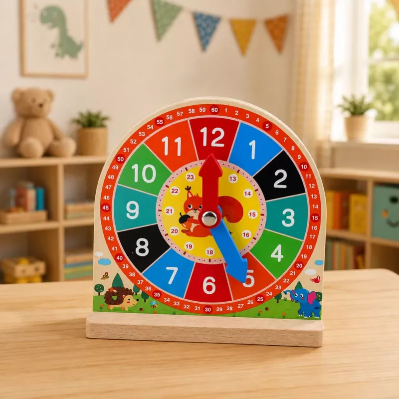 LEAN TOYS Reloj didáctico de madera para aprender la hora con manecillas móviles y tarjetas, 55 piezas