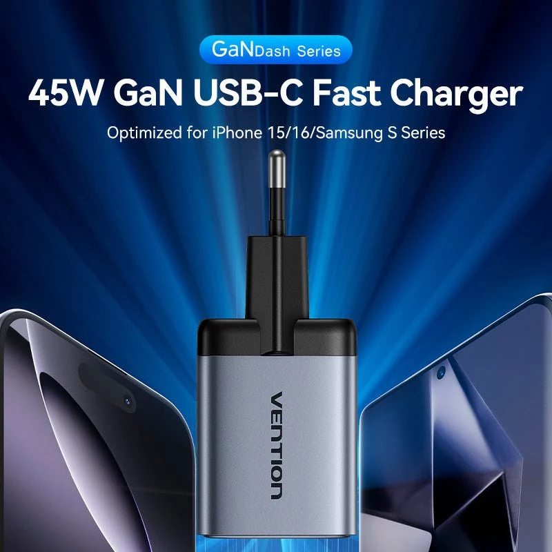 VENTION GaN 90W Cargador de pared dual USB-C (45W+45W) - negro