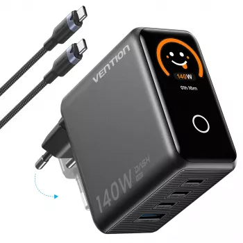 Vention Cargador GaN 140W con 1x USB-A, 3x USB-C y cable USB-C a USB-C 1m