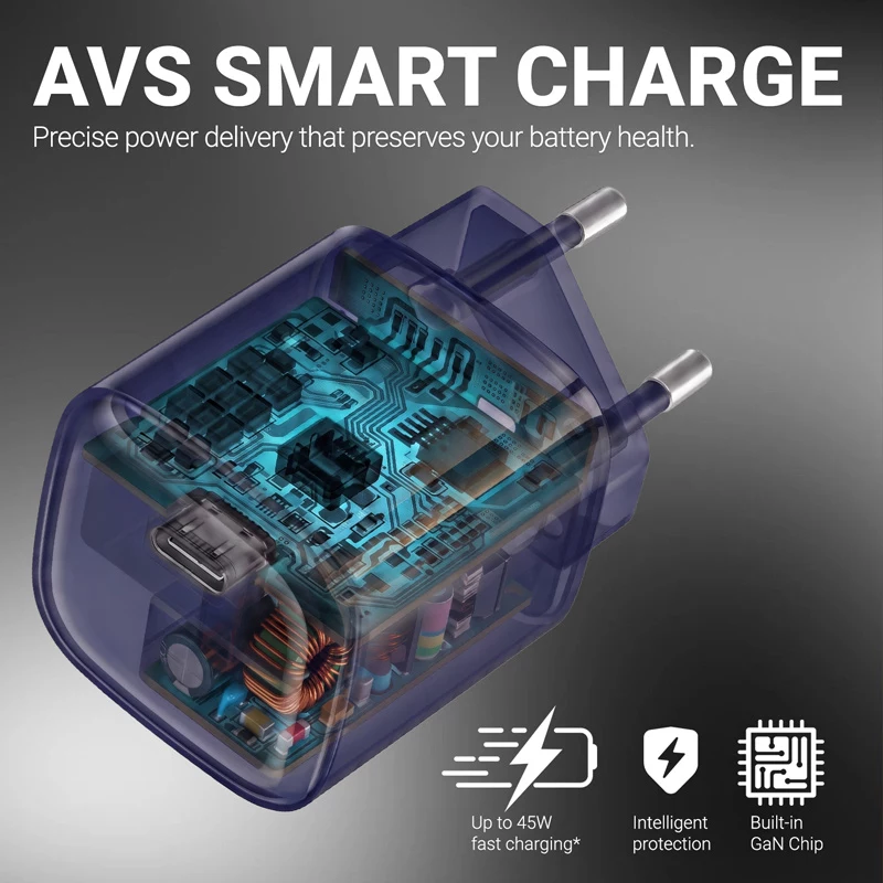 Crong NEO GaN Cargador de pared 40W USB-C PD 3.2 con AVS - Azul marino