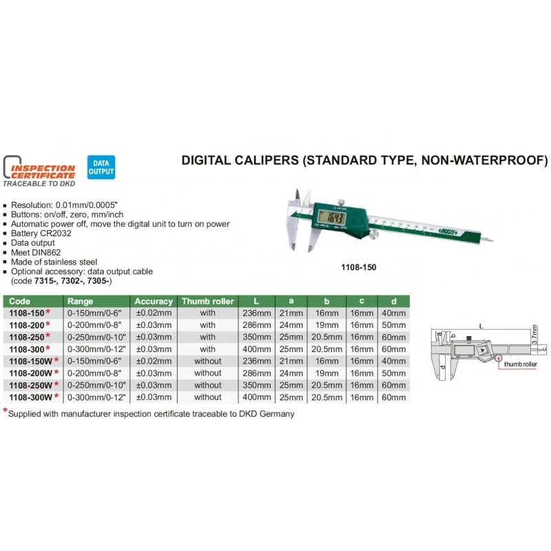 Calibre digital 150 mm con salida de datos, 6 pulgadas, acero inoxidable, 3V