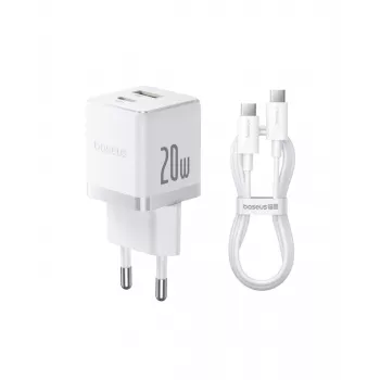 Baseus Palm 20W Cargador de pared, 1x USB-A + 1x USB-C, QC3.0/PD3.0, con cable USB-C de 1 m, blanco (P10111608213-01)