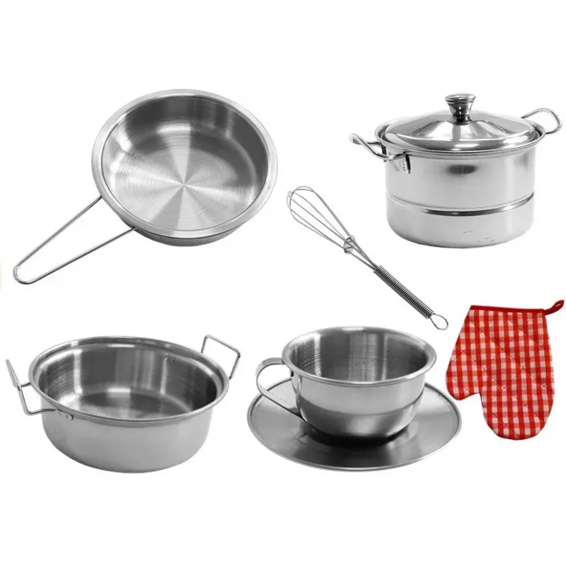 LEAN TOYS 6722 Set de ollas y sartenes de acero inoxidable para niños, menaje de cocina de juguete de 23 piezas con utensilios y comida de juguete, plata
