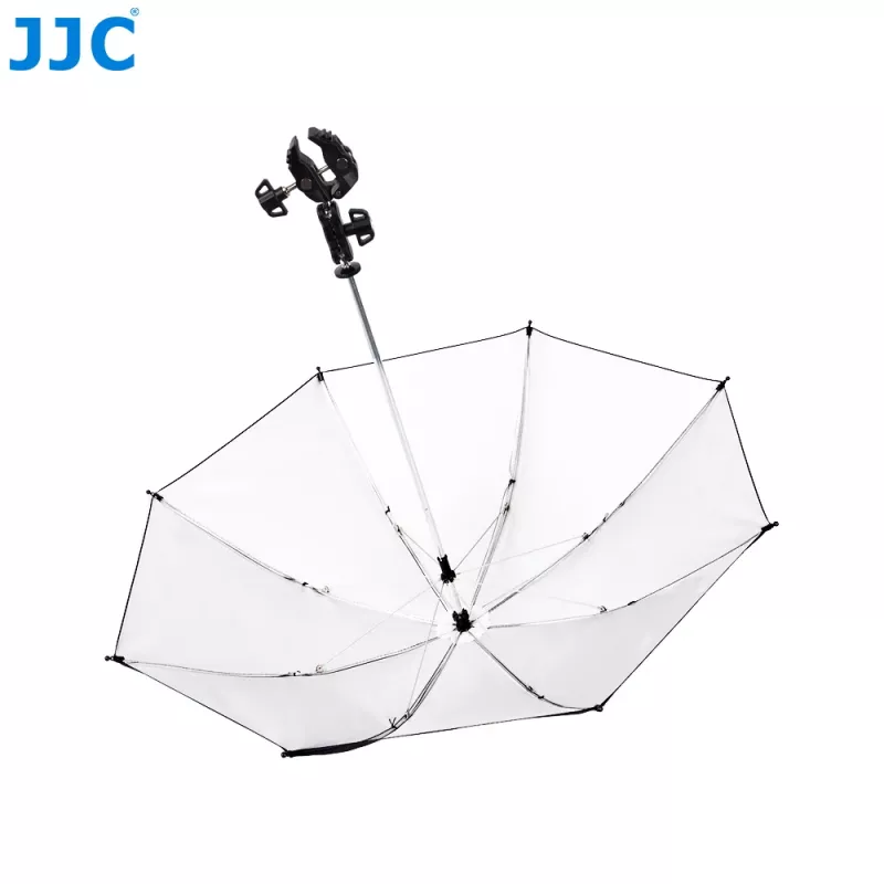 JJC Paraguas para cámara con soporte Super-Clamp, apertura de mordaza de 63 mm, rosca de 1/4 inch y 3/8 inch, Negro