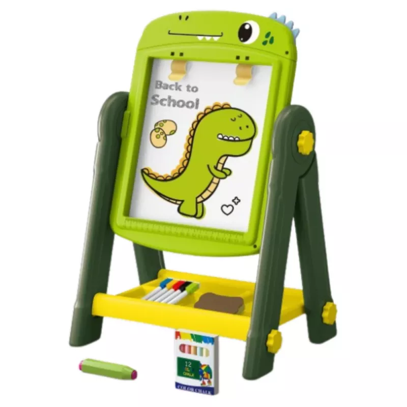 LEAN TOYS Pizarra blanca magnética de doble cara dinosaurio verde con accesorios