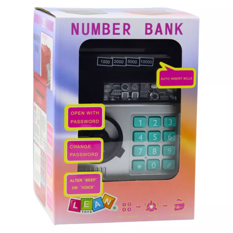 LEAN TOYS Hucha caja fuerte ATM con luz, sonido y código PIN – Negro