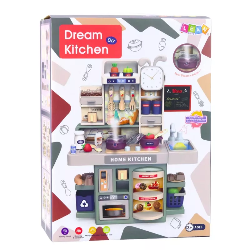 LEAN TOYS Cocina infantil de juguete con agua, vapor, luz y sonido, 33 accesorios, Multicolor