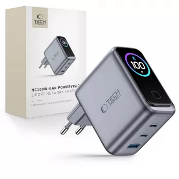 TECH-PROTECT PowerVision NC100W GaN Cargador de pared de 100 W y 3 puertos USB-C PD y USB-A QC3.0 - Gris oscuro