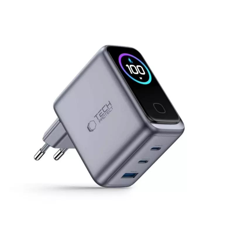 TECH-PROTECT PowerVision NC100W GaN Cargador de pared de 100 W y 3 puertos USB-C PD y USB-A QC3.0 - Gris oscuro