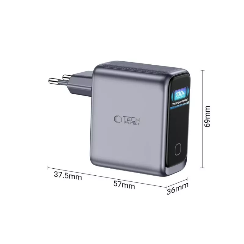 TECH-PROTECT PowerVision NC100W GaN Cargador de pared de 100 W y 3 puertos USB-C PD y USB-A QC3.0 - Gris oscuro