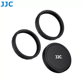 JJC LRR-OA6K2 Set de tapa de objetivo y anillos decorativos para DJI Osmo Action 6 (tapa negra, anillos rojo y azul)