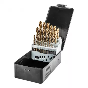NEO TOOLS Set de 25 brocas helicoidales HSS-TiN para metal, 1,0–13,0 mm, DIN 338, afilado en cruz 135°, estuche metálico