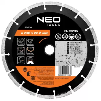 NEO TOOLS Disco de corte de diamante segmentado soldado por láser de 230 mm para hormigón y piedra, agujero de 22,2 mm