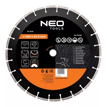 NEO TOOLS Disco de corte de diamante segmentado soldado por láser de 350 mm, agujero de 25,4 mm, para hormigón, asfalto, piedra