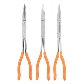 NEO TOOLS 01-293 Juego de pinzas de doble articulación, 3 piezas, acero cromo-vanadio, 280 mm, punta recta, curvada 45° y 90°, mangos ergonómicos antideslizantes
