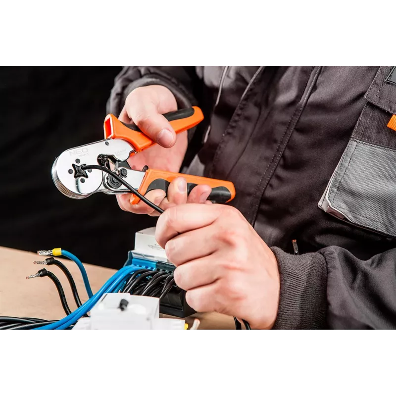 NEO Tools Crimpadora autoajustable con trinquete para terminales de cable 0,25-6 mm² (AWG 23-10), crimpado cuadrado, mango ergonómico de dos componentes, 200 mm