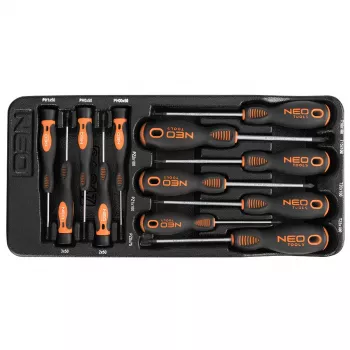 NEO TOOLS Set de 12 destornilladores de precisión y estándar con PZ, TX, plano, Phillips, puntas magnéticas, acero cromo-vanadio, mangos de dos componentes, bandeja de almacenamiento