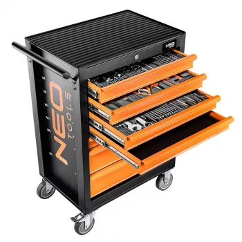 NEO TOOLS Armario de taller con 7 cajones y set de herramientas de 129 piezas, rojo/negro, guías con rodamientos, cierre centralizado, capacidad de carga 400 kg