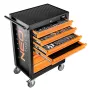 NEO TOOLS Armario de taller con 7 cajones y set de herramientas de 129 piezas, rojo/negro, guías con rodamientos, cierre centralizado, capacidad de carga 400 kg