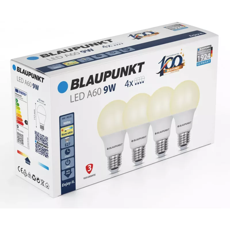 Blaupunkt bombilla LED E27 A60 9W, 900 lm, 2700 K, 4 unidades (BLAUPUNKT-E27-9W-WW-4)