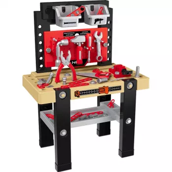 NEO TOOLS mini taller de herramientas para niños set 3 en 1 maletín mochila banco de trabajo con más de 40 accesorios, taladro de juguete, herramientas, tuercas y tornillos, para niños a partir de 3 años