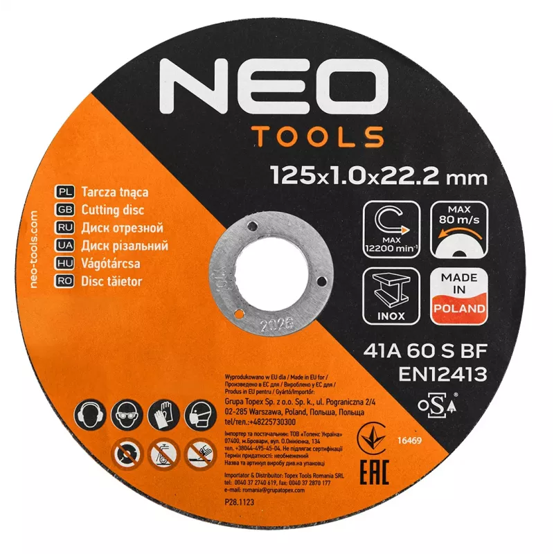 NEO TOOLS discos de corte 41A 60 S BF - 125x1,0x22,23 mm ACERO/INOX, 100 unidades en cubo