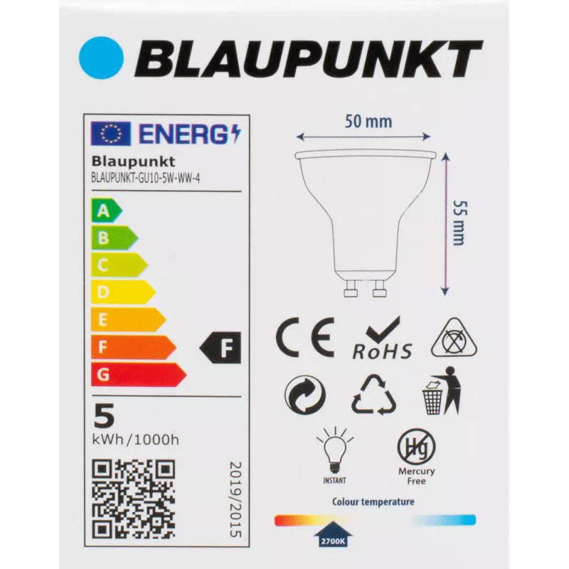 Blaupunkt bombilla LED GU10 5W, 500 lm, 2700 K, 4 unidades (BLAUPUNKT-GU10-5W-WW-4)