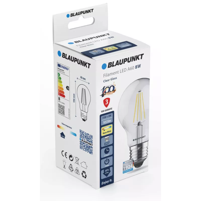 Blaupunkt bombilla LED de filamento E27 A60 8W, 1055 lm, 2700 K (BLAUPUNKT-F-E27-8-WW)