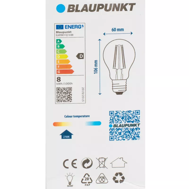 Blaupunkt bombilla LED de filamento E27 A60 8W, 1055 lm, 2700 K (BLAUPUNKT-F-E27-8-WW)