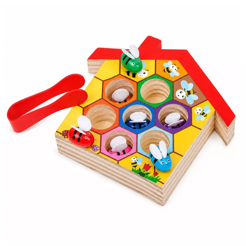 LEAN TOYS Juguete de habilidad de madera colmena con pinzas y 6 abejas - Juego educativo de motricidad para niños a partir de 3 años