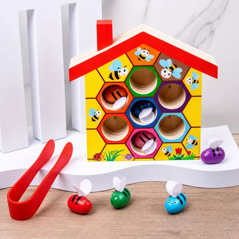 LEAN TOYS Juguete de habilidad de madera colmena con pinzas y 6 abejas - Juego educativo de motricidad para niños a partir de 3 años