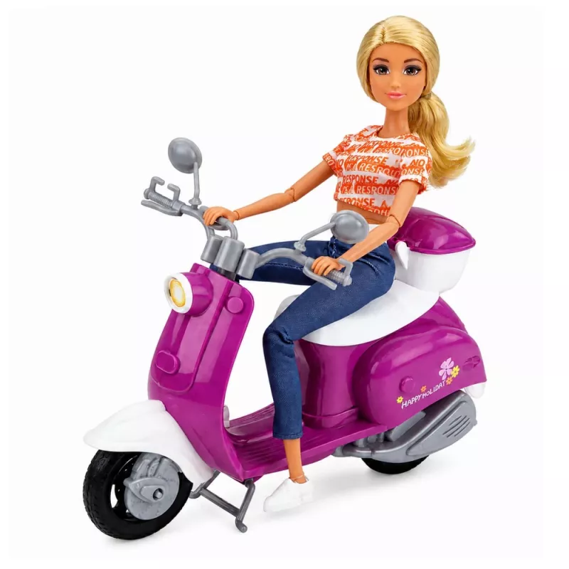 LEAN TOYS Anlily Muñeca de viaje en patinete con gafas, soporte para móvil y accesorios