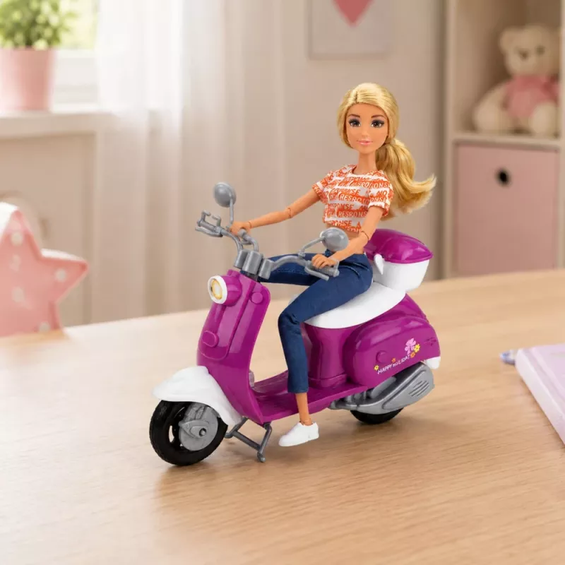 LEAN TOYS Anlily Muñeca de viaje en patinete con gafas, soporte para móvil y accesorios