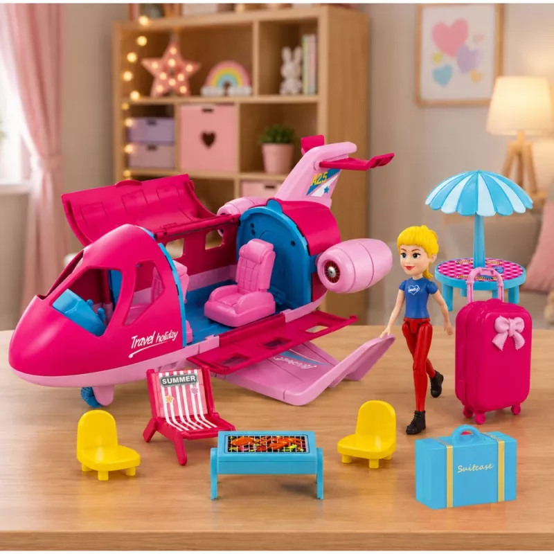 LEAN TOYS Avión plegable para muñecas set de viaje accesorios muñeca Rosa 9 piezas