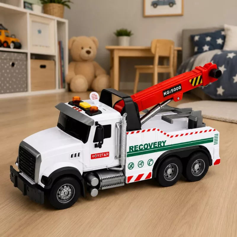 LEAN TOYS Vehículo de construcción con grúa ajustable, luces y sonidos, Blanco 1:14