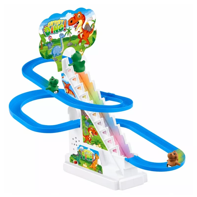 LEAN TOYS Pista de carreras tobogán dinosaurio con escalones móviles, figuras, luces y sonidos