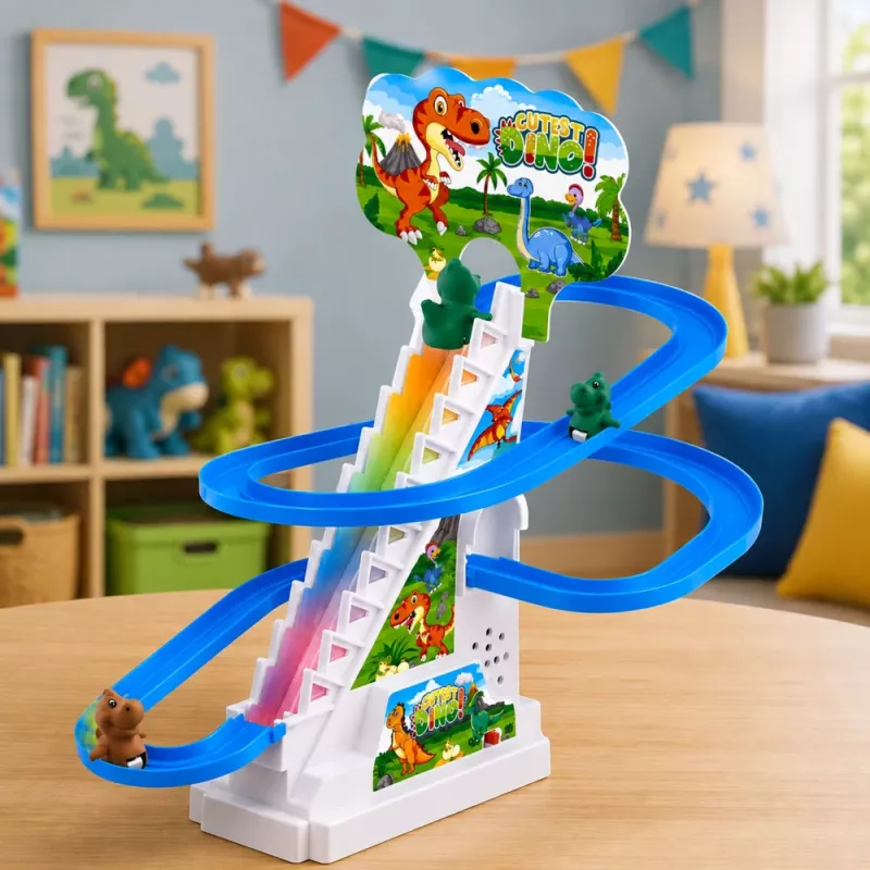 LEAN TOYS Pista de carreras tobogán dinosaurio con escalones móviles, figuras, luces y sonidos