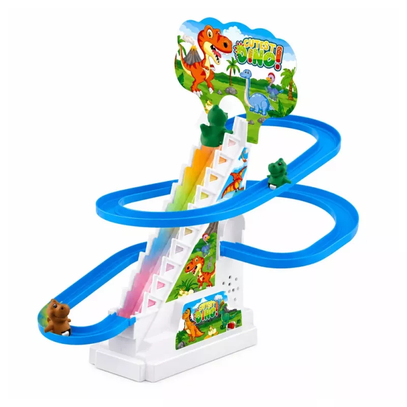 LEAN TOYS Pista de carreras tobogán dinosaurio con escalones móviles, figuras, luces y sonidos