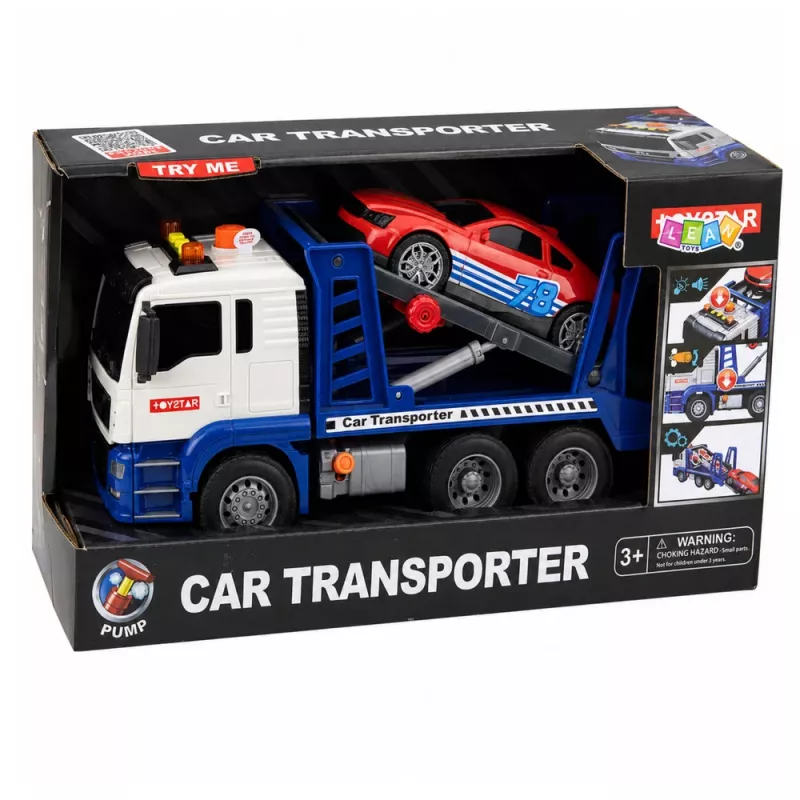 LEAN TOYS Camión grúa Lora con coche, motor, luces y sonidos azul